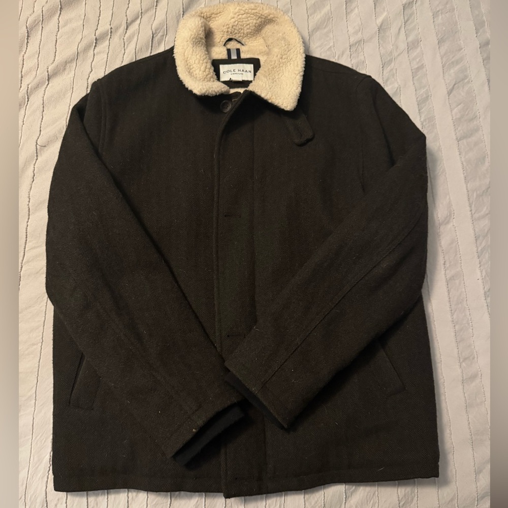 Cole Haan Herringbone Green Jacket with Cream Collar